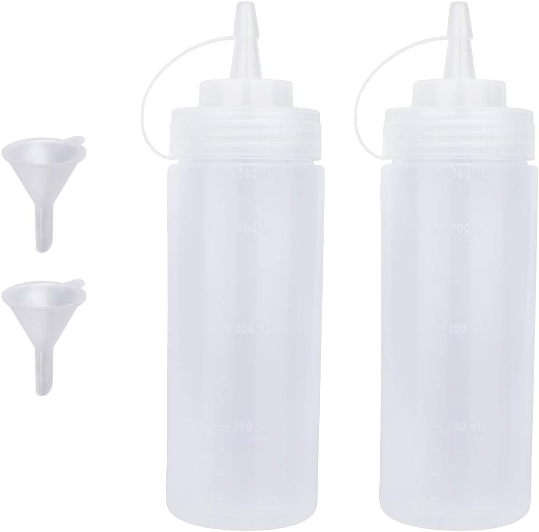 Squeeze Bottles for Sauces 2 Pack, Ketchup Bottle 12 Ounce Plastic Dressing Squirt Bottle with Cap Lids and Funnel, Condiment Bottles for Liquids BBQ Dressing Pancake Art Dispenser