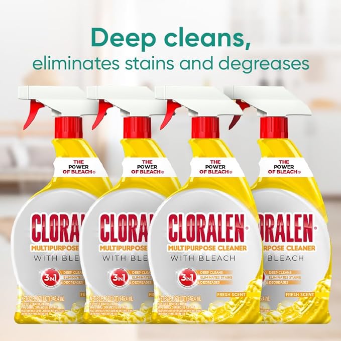 Cloralen All Purpose Cleaner with Bleach Spray - 32 fl oz - Fresh Scent - 3-in-1 Multipurpose Cleaner Spray - Deep Cleans, Eliminates Stains & Degreases (Pack of 4)