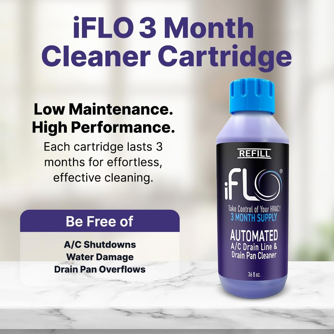 iFLO® Smart A/C Drain Line Cleaner and Drain Pan Cleaner Cartridge, Fast-Acting, Long-Lasting HVAC System Solution for Tough Clogs & Buildup, 3-Month Supply per Bottle, 3 Pack of 36oz