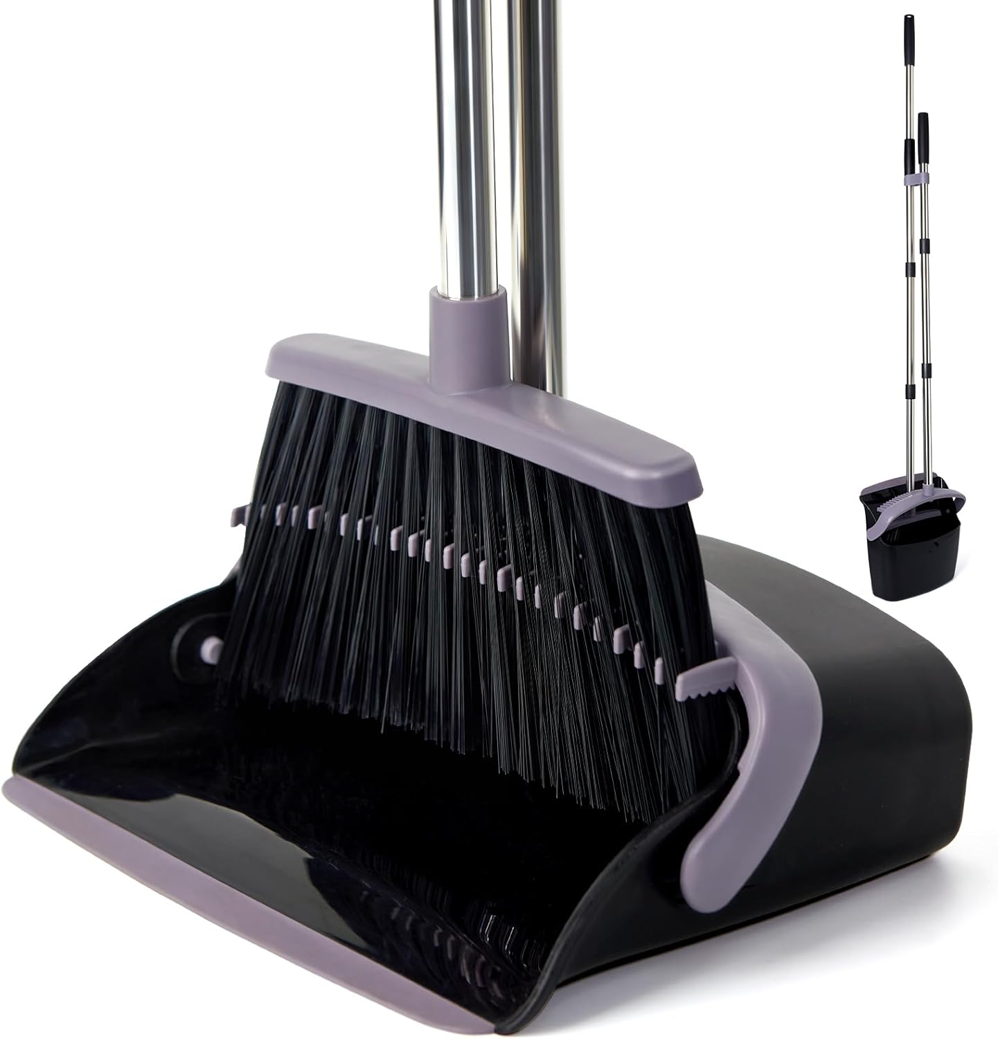 Broom and Dustpan Set, Dustpans with Broom Combo for Home, Heavy Dust Broom and Dustpan Combo, Long Handle Dust Pan and Broom Set for Kitchen, Office, Pet Hair, Charcoal Color, Pack of 1