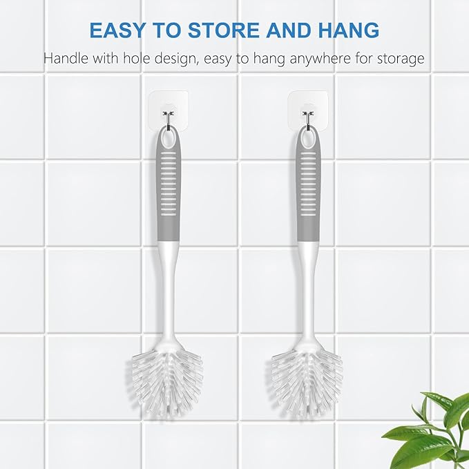 SetSail Dish Brush with Handle, 2 Pack Stiff Bristles Dish Scrubber with Built-in Scraper Dish Scrub Brushes for Cleaning Dishes, Pots and Pans, Kitchen Sink, Grey