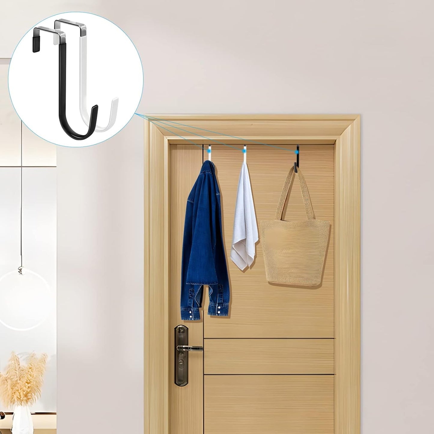 FYY 6PCS Over The Door Hooks, Door Hangers Hooks with Rubber Prevent Scratches Heavy Duty Organizer Hooks for Living Room, Bathroom, Bedroom, Kitchen Hanging Clothes, Towels, Hats, Bags Black+White