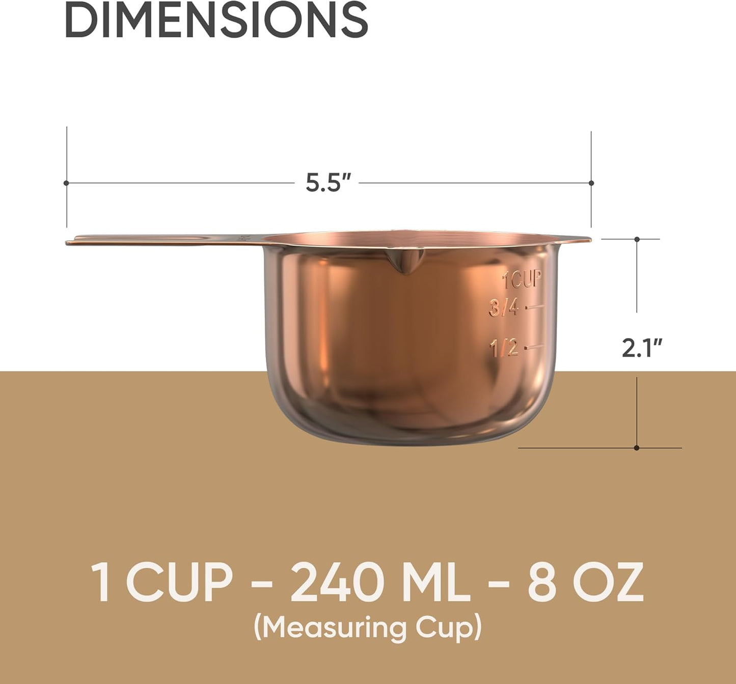 Color Up 1 Cup Measuring Cup (240 ml) – Premium Copper Stainless Steel, Accurate for Wet & Dry Ingredients, Embossed Markings, Easy-Pour Spouts, Dishwasher-Safe, Kitchen Essential
