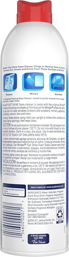 Windex Fast Shine Foam Glass Cleaner, No-Drip Windows, Doors, Mirrors & Countertops Aerosol Cleaning Spray, Streak-Free Shine, Removes Fingerprints, Dust, Dirt, Grime & More 19 oz (Pack of 1)