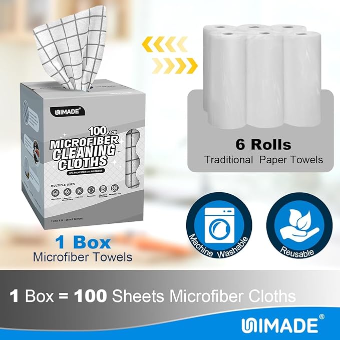 Microfiber Cleaning Cloths, 100 Sheets Reusable Kitchen Towels & Dish Cloths, Lint-Free Absorbent Cleaning Rags, Bulk Kitchen Cleaning Cloths for Household & Restaurant, 11" x 9", Grid Pattern