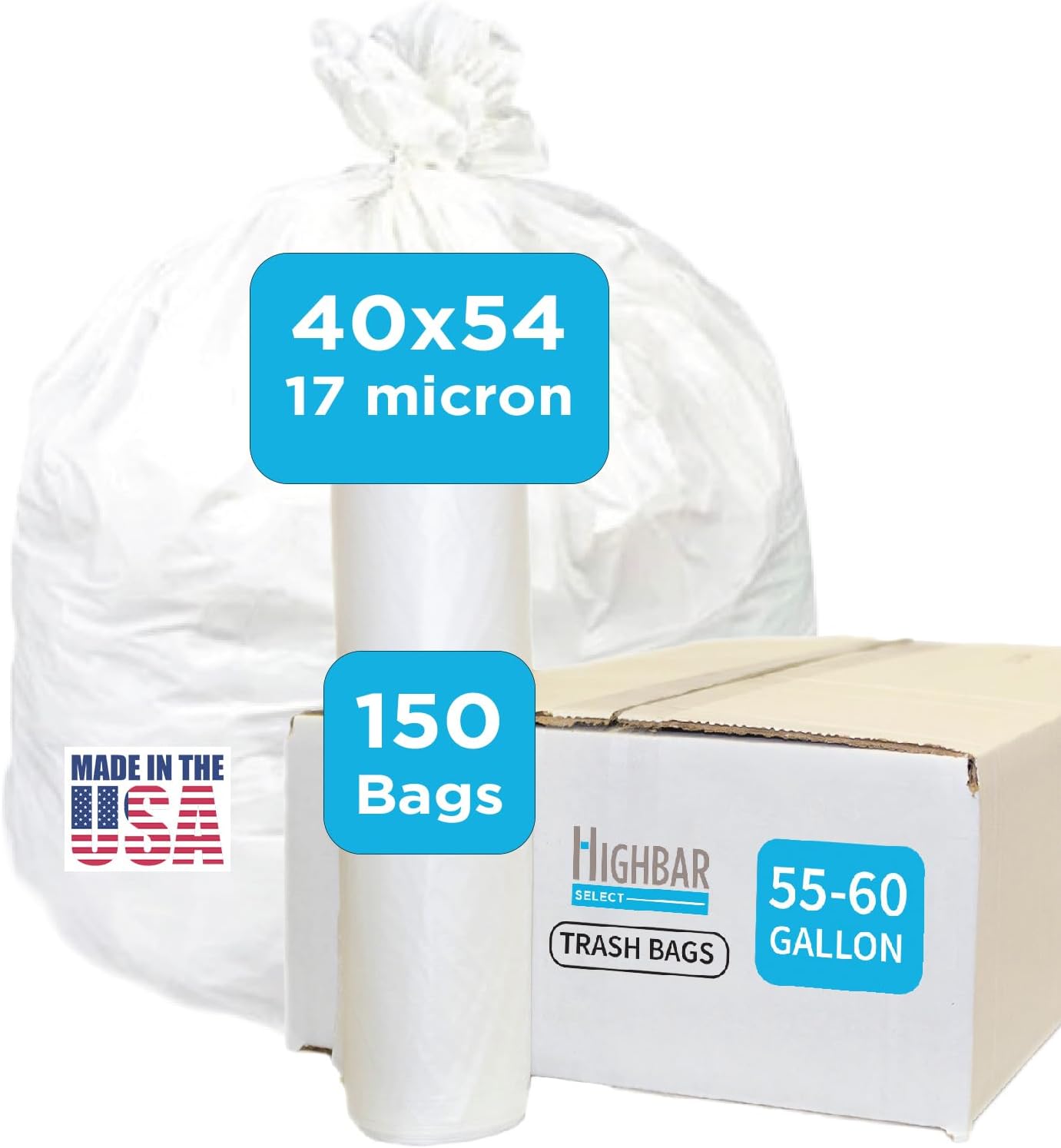 Large Garbage Bag - 55-60 Gallon Capacity, Heavy Duty, High Density, Tear Resistant, Unscented, Extra Strength for Commercial, Industrial, Office, House, Lawn, Events, Bulk Qty 150 Bags
