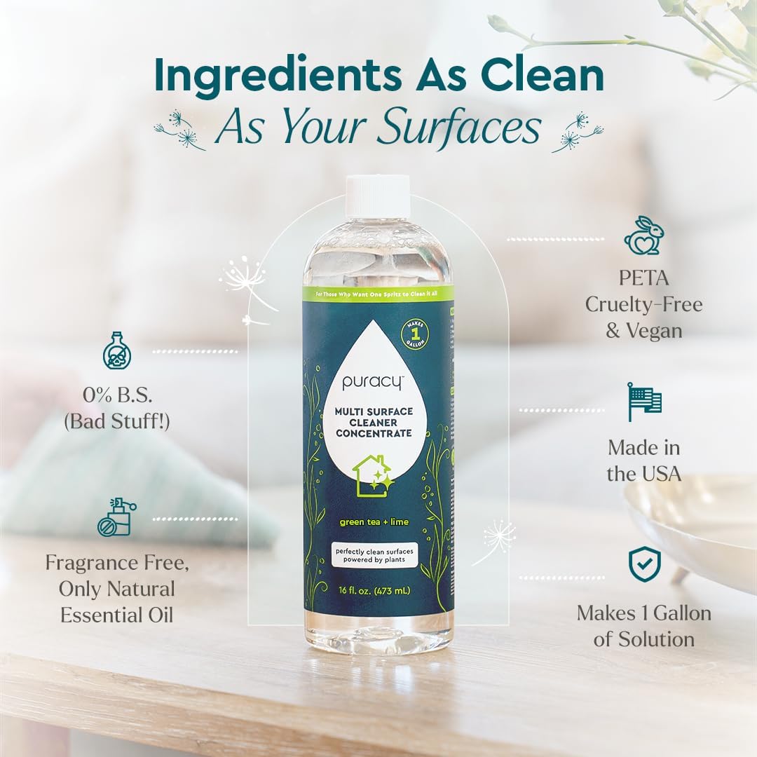 Puracy 99.9% Natural All Purpose Cleaner Concentrate - Makes 128oz Multi Purpose Cleaner - Green Tea & Lime - Surface Cleaner, Floor Cleaner, Kitchen, Cleaner, Bathroom Cleaner - Cleaning supplies