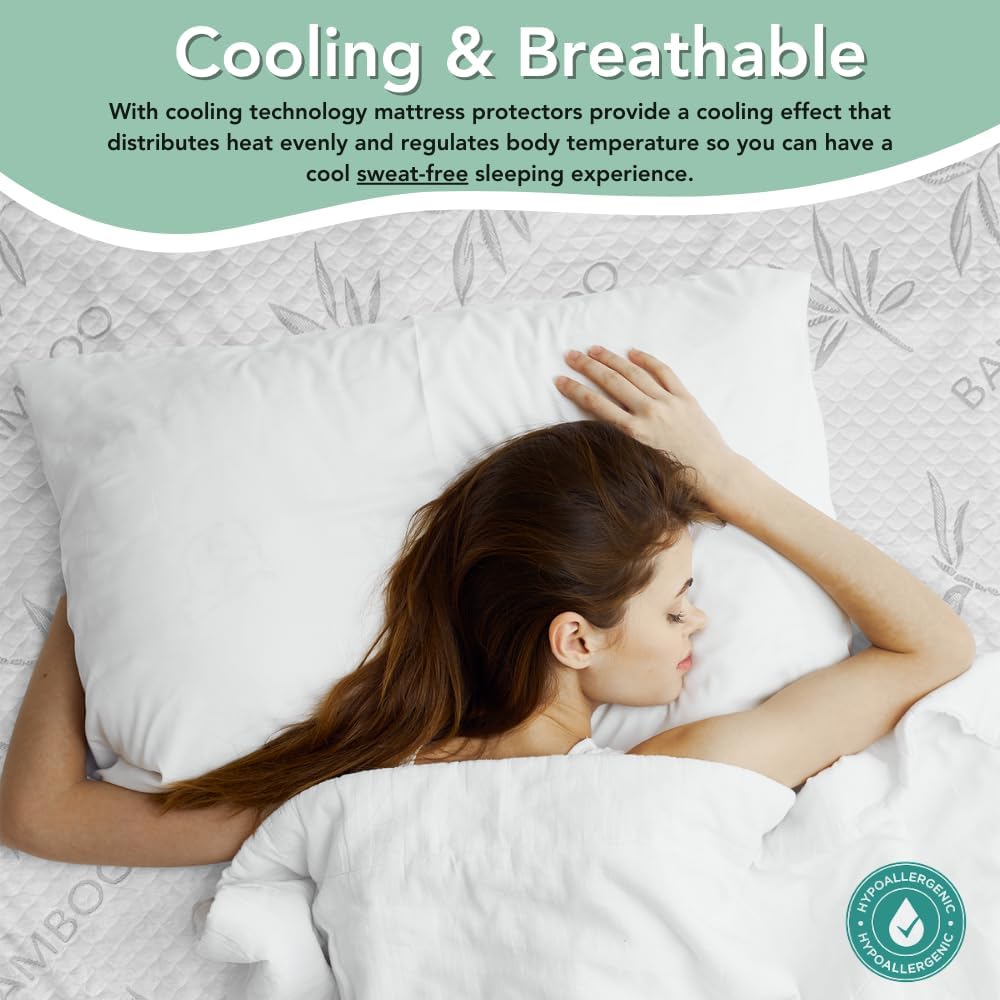 Bamboo Rayon Mattress Protector with Zipper +1 Pillow Protector - 100% Waterproof Cooling Twin XL Size Cover - Ultra Soft Fabric Breathable Noiseless Mattress Pad Covers Zippered Encasement