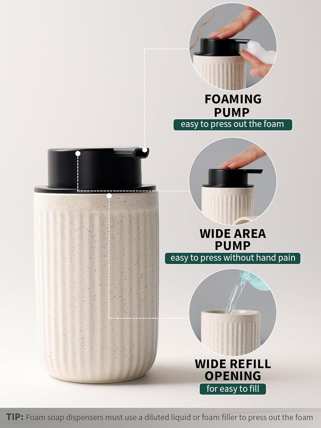 Bosilunlife Soap Dispenser and Toothbrush Holder Set - 11Oz Foam Soap Dispenser Pump Ceramic Bathroom Counter Soap Toothbrush Holder Set Beige Bathroom Accessories Set