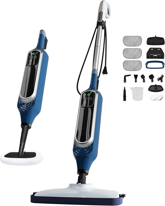 12 in 1 Steam Mop, Detachable Handheld Steam Cleaner for Home, 23FT Cord, for Hardwood Floor Cleaning, Tile, Carpet, Furniture, Clothes, Windows, Blue