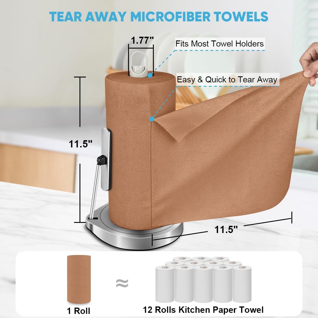 AIDEA Microfiber Cleaning Cloth Roll, 50PK, Reusable Paper Towels Tear Away Cloth, Microfiber Towels Washable Shop Rags, Lint Free Cleaning Rags for House, Kitchen, Window, 11.5"×11.5", Coffee