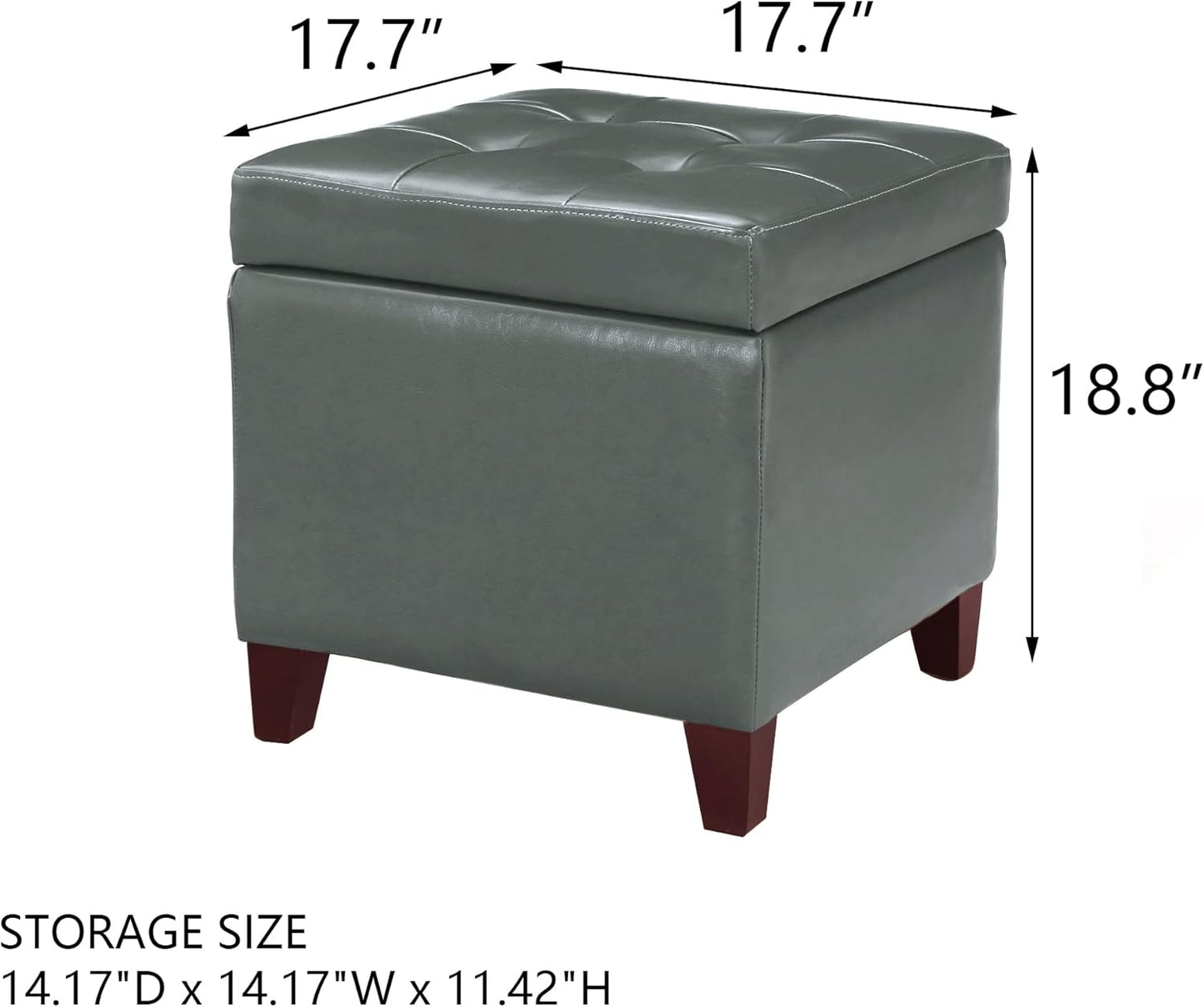 Adeco Bonded Leather Square Tufted Cubic Cube Footstool, 18" Height Storage Ottomans, with Lid, Cement Grey