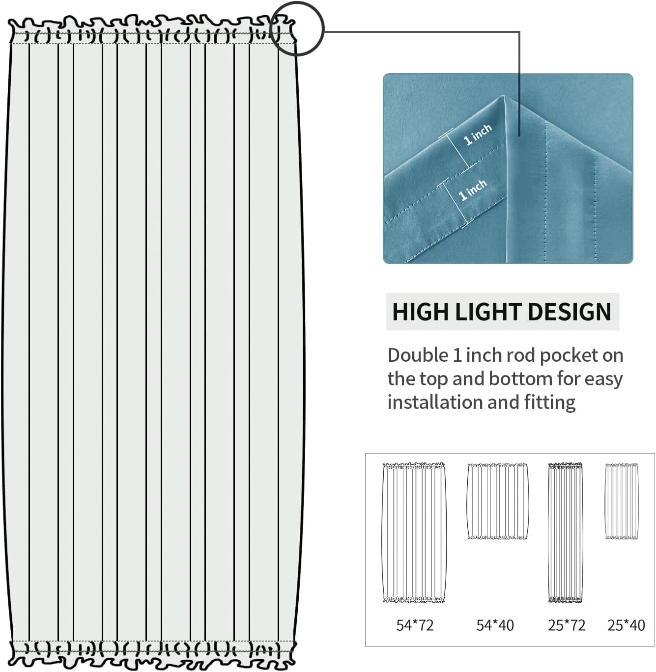 DWCN French Door Curtains – Rod Pocket Thermal Blackout Curtain for Window/Patio Doors/Doorways/Classroom/Kitchen for Privacy, 25W by 72L Inches, 1 Panel with Tieback, Stone Blue