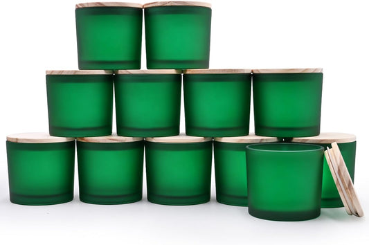 12 OZ Thick Candle Jars for Making Candles 12 Pcs, Empty Jars with Wood Lids for Spice Jars, Sample Container, Frosted Green