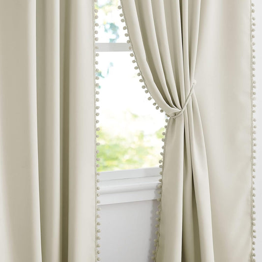 RYB HOME Bedroom Curtains 84 Inches Long Kids Curtains Blackout Window Drapes with Pom Pom Balls Lights & Heat Blocking Drapes for Girls Boys Kitchen Farmhouse, Beige, W52 x L84, Set of 2
