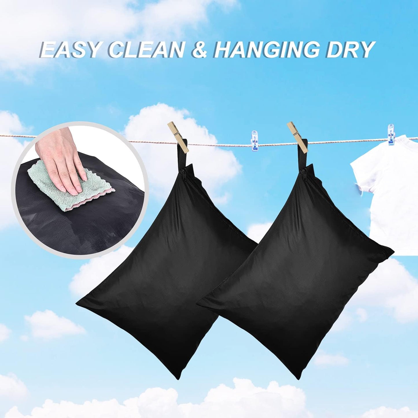 OTraki 2 Pack Laundry Bags 16x20 inch Wet Dry Bag for Swimsuit and Towels Medium Travel Dirty Clothes Bag Machine Washable Laundry Sack for Gym Beach Swimming Workout Yoga Black