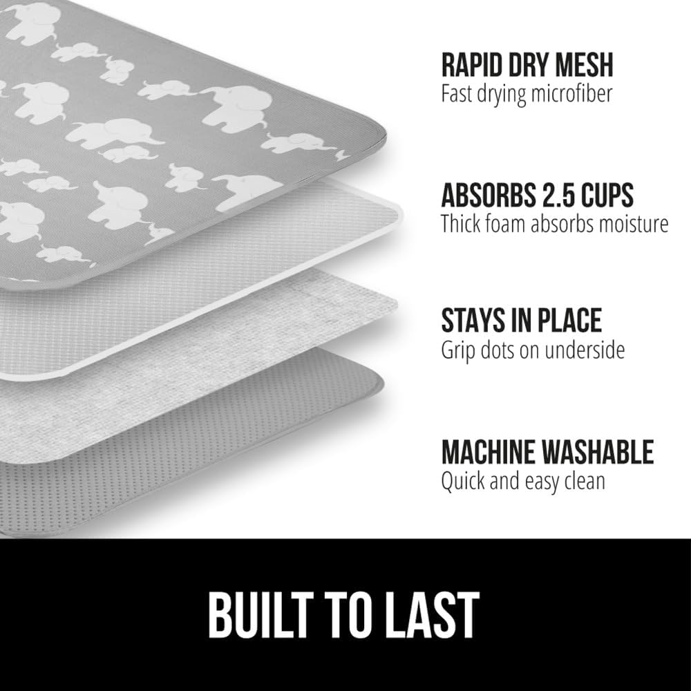 GORILLA GRIP Ultra Water Absorbent Microfiber Dish Drying Mat, 18x24, Quick Dry Mesh, Slip Resistant Pad for Sink Dishes or Under Rack, Kitchen Counter Accessories, Machine Wash, 2 Pack Elephants