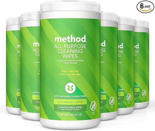 Method All-Purpose Cleaning Wipes, Lime + Sea Salt, Multi-Surface, Compostable, 70 Count (Pack of 6)