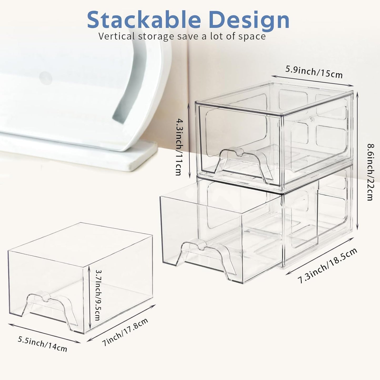 Plastic Drawers Storage, 8 Pack Clear Stackable Storage Drawers, Acrylic Storage Bins with Drawers for Fridge Organizers, Small PlasticDrawers Stackable for Makeup Organizers Cosmetic Display