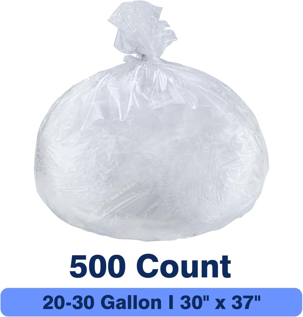 20-30 Gallon Trash Can Liners, 500 Count High Density Garbage Bags, 30'' x 37'', Clear, for Outdoor, Bathroom, Office, Recycling, Janitoria, Commercial and Industrial Use