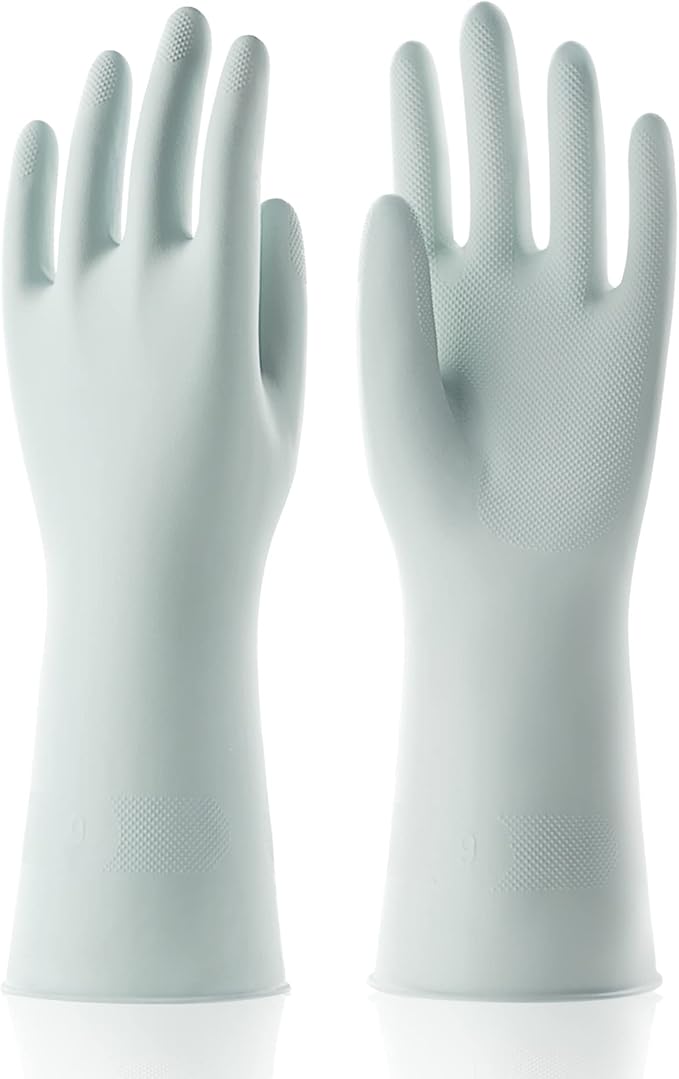 COOLJOB Small Reusable Rubber Dishwashing Cleaning Gloves for Kitchen Bathroom, Non-Slip Grippy Long Dish Washing Gloves with Flocked Cotton Liner, Flexible Durable & Waterproof, Mint Green, 1 Pair