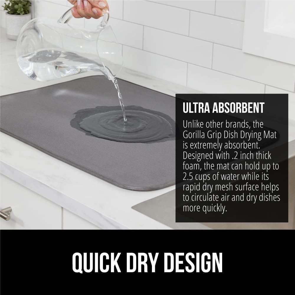 GORILLA GRIP Ultra Water Absorbent Microfiber Dish Drying Mat, Quick Dry Thick Mesh, Slip Resistant Pad for Sink Dishes or Under Rack, Kitchen Counter Accessories, 16x18, Machine Wash Mats, Gray