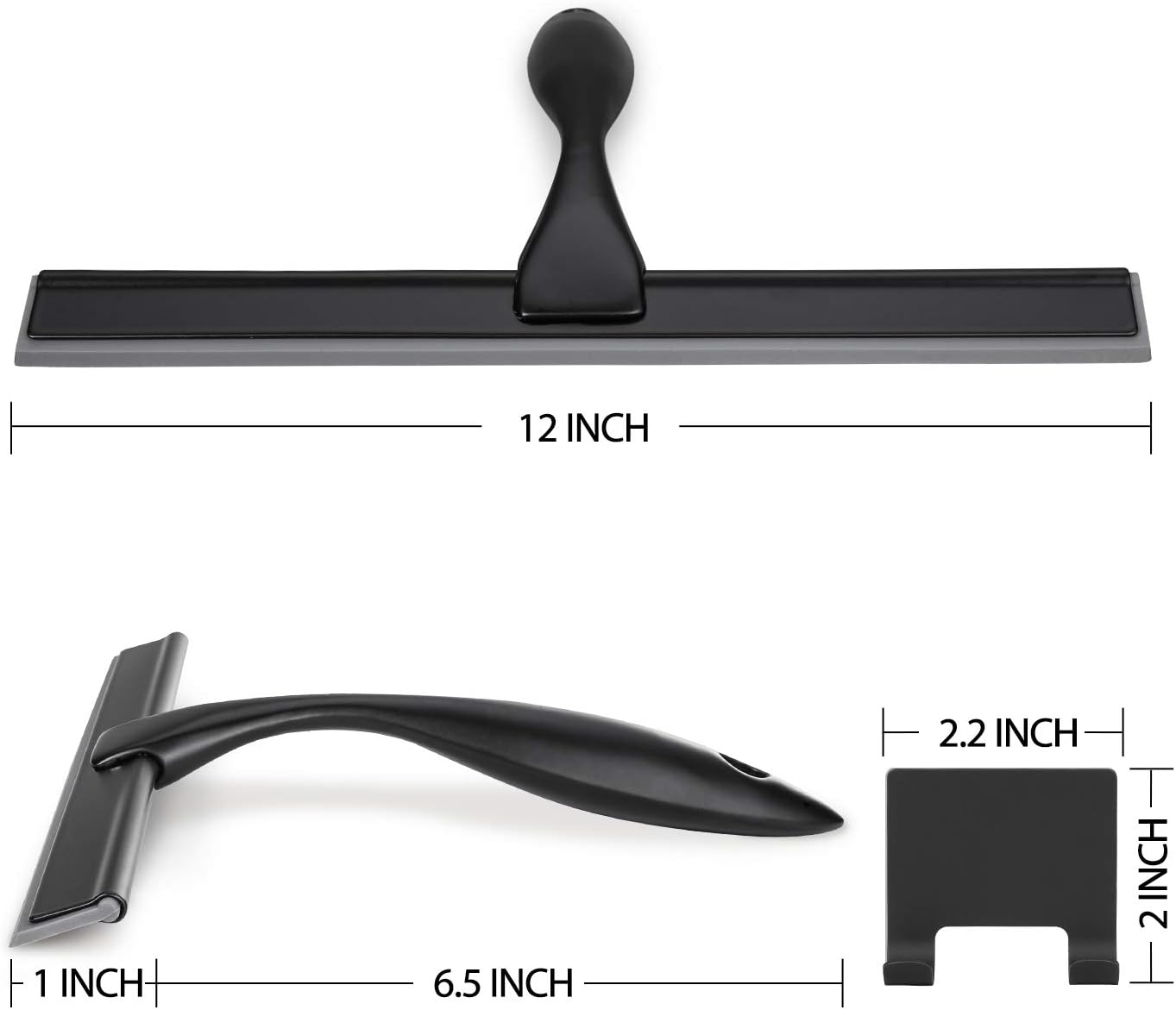 HIWARE All-Purpose Shower Squeegee for Shower Doors, Bathroom, Window and Car Glass - Black, Stainless Steel, 12 Inches