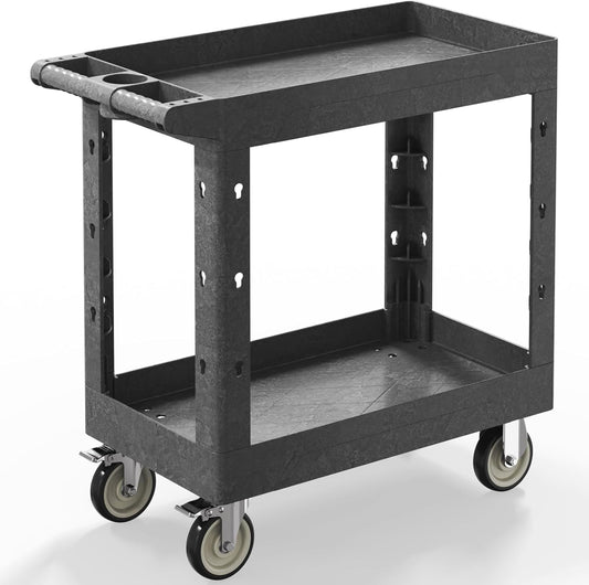 Utility Cart on Wheels, 1000 lbs Capacity Rolling Service Cart, 34 x 17 Inch Work Carts, 2 Shelf Heavy Duty Plastic Tool Cart, Lipped Shelves, for Warehouse, Garage, Cleaning, Gray