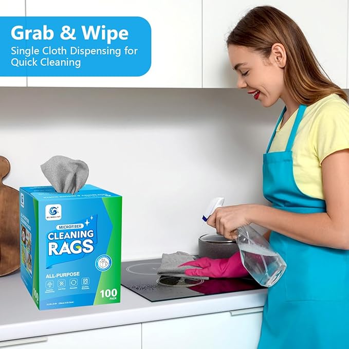 GLIMGLINT Cleaning Rags, 100 Pack Microfiber Cleaning Cloth, Lint-Free, Ultra Absorbent Reusable Paper Towels for Home, Kitchen, Car, Garage or Shop, Dish Rags, 11" x 9", Grey