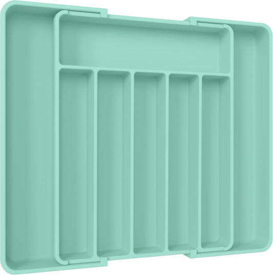 Aujen Silverware Organizer - Expandable Kitchen Drawer Organizer, Adjustable Utensil Organizer, Cutlery Tray for Forks, Knives, Multipurpose Kitchen Organizers and Storage Solution, Green, Large