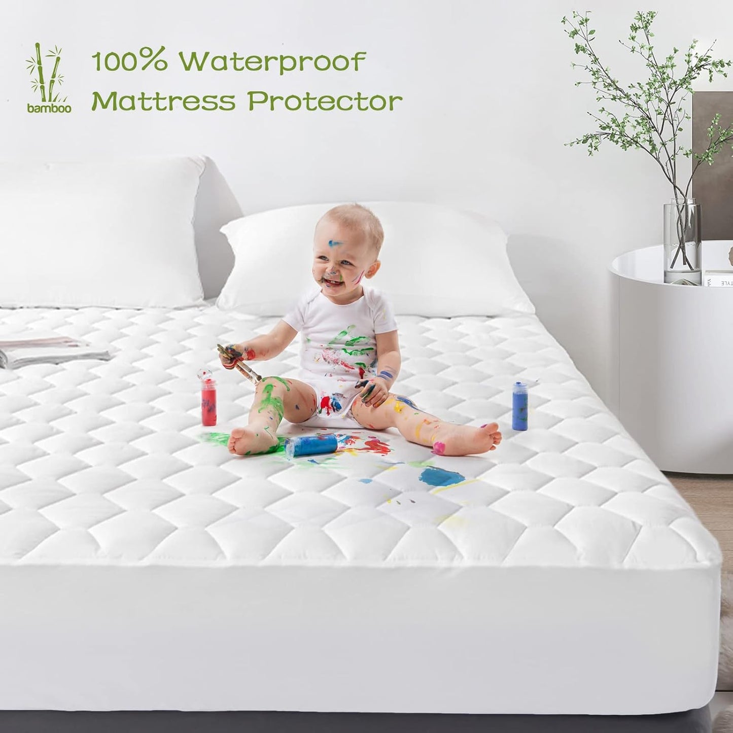 GRT Queen Mattress Protector Waterproof, Rayon from Bamboo, Cooling Quilted Fitted Mattress Pad, Noiseless Waterproof Mattress Cover, fits up to 21" Deep, Dust Proof White