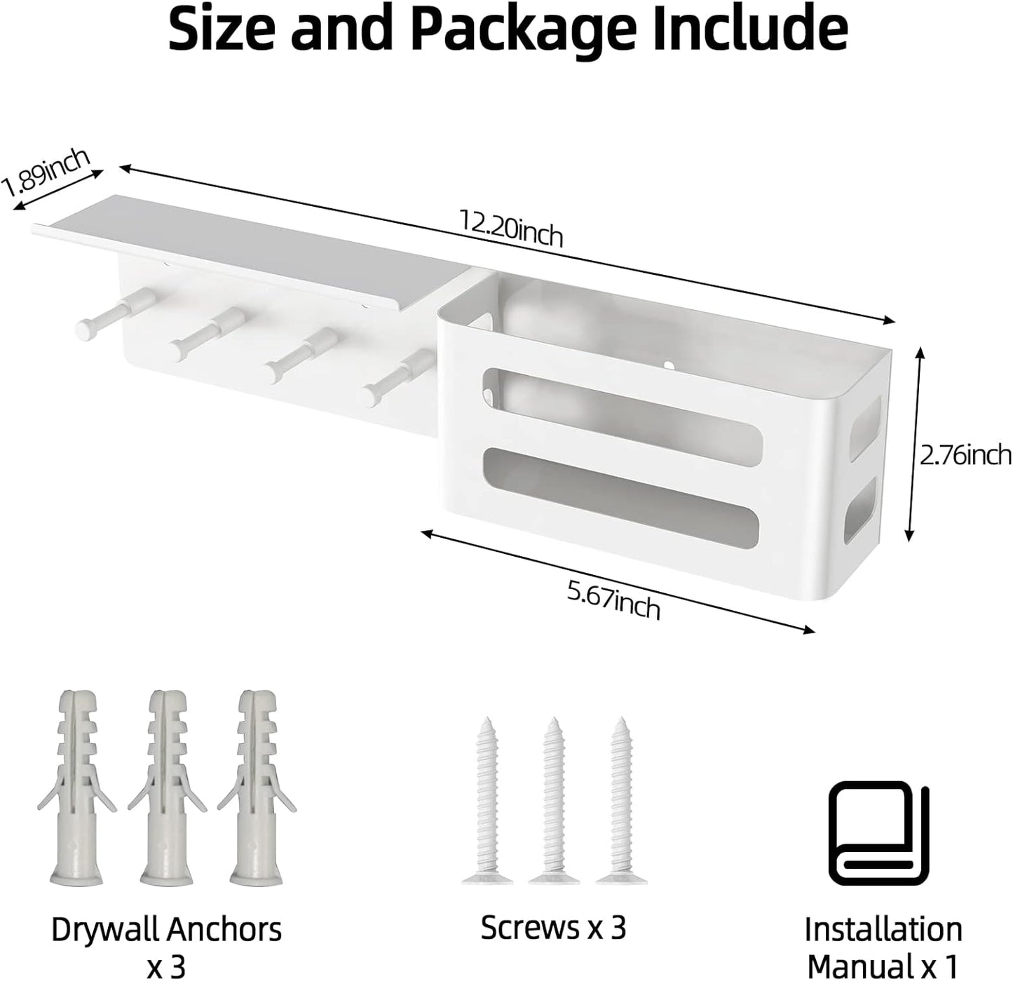 MKO Key Holder for Wall, 12.2In Mail Organizer Holder with Shelf, Metal Key Rack Adhesive Wall Mount, White
