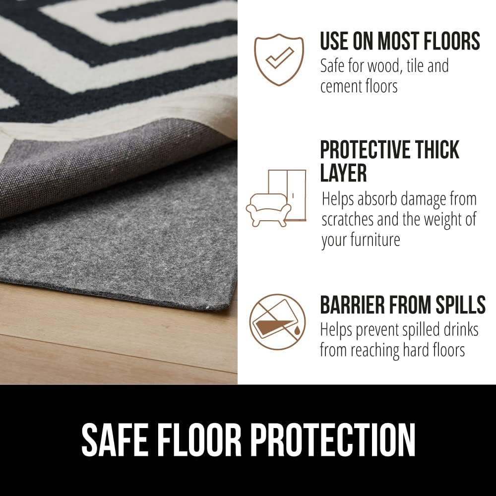 GORILLA GRIP Felt and Natural Rubber Stay in Place Slip Resistant Rug Pad, 1/8in Thick, 5x8 FT Protective Padding Under Area Rugs, Cushioned Gripper Pads, Carpet Runners, Hardwood Floors Protection
