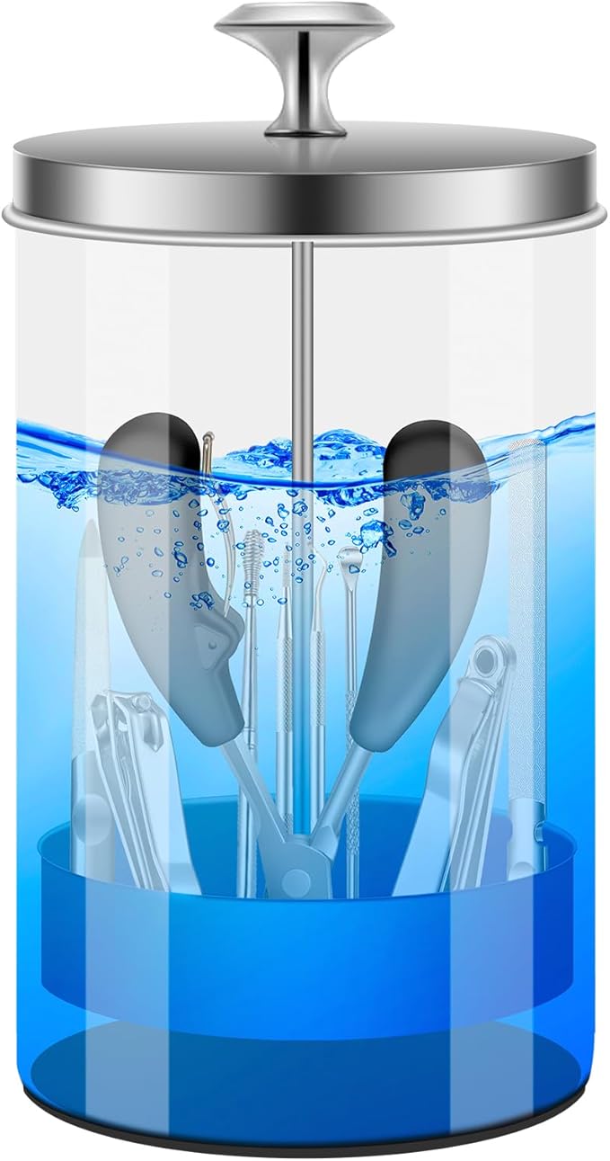 Nail Tool Disinfectant Jar - 21Oz Glass Sterilizer with Removable Strainer Tray - for Manicure & Barber Supplies Storage and Organization Disinfectant Jar