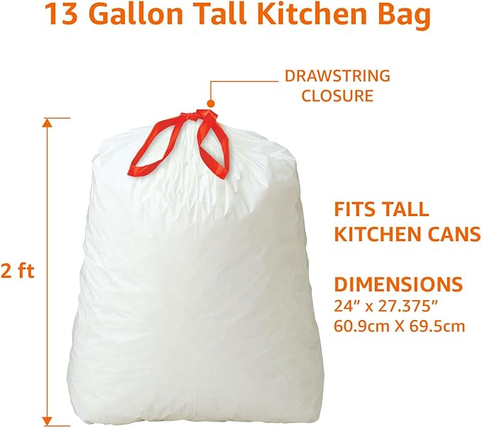 Amazon Basics Tall Kitchen Drawstring Trash Bags, Clean Fresh Scent, 13 Gallon, 45 Count (Previously Solimo)