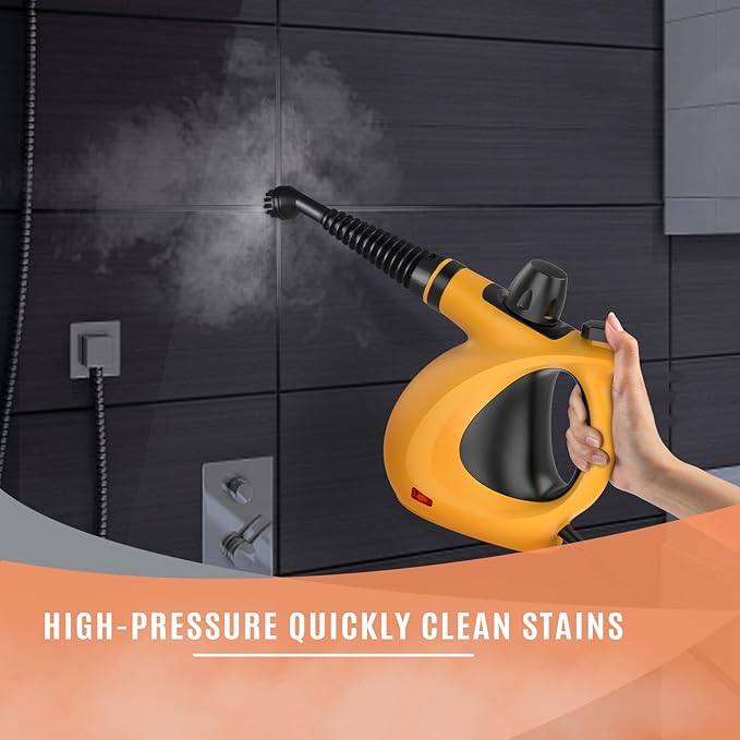 Pressurized Handheld Multi-Surface Natural Steam Cleaner with 12 pcs Accessories, Multi-Purpose Steamer for Home Use, Steamer for Cleaning Floor, Upholstery, Grout and Car (Orange)