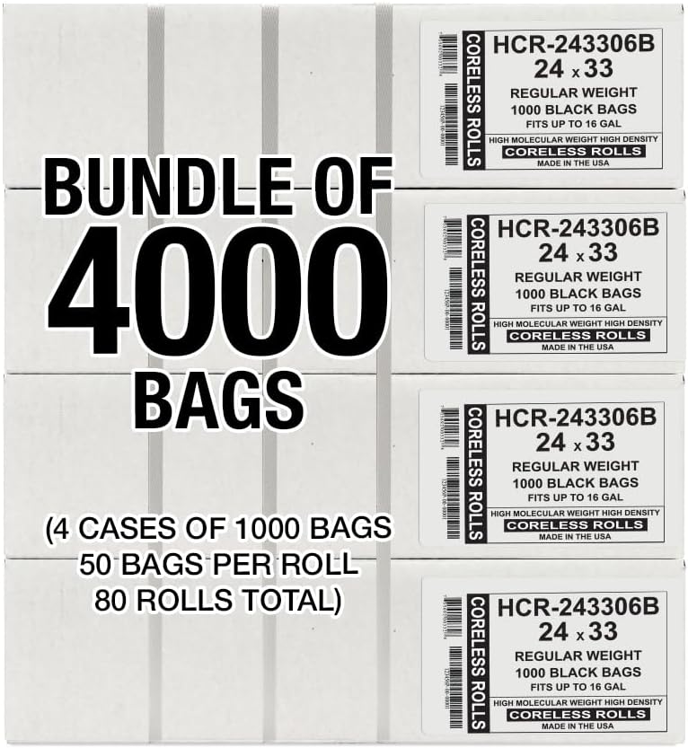 Aluf Plastics High Density Trash Bags, 16 Gallon, 4000 Count, 6 Micron (eq), 24" x 33", Black, for Bathroom, Office, Industrial, Commercial, Janitorial, Municipal, Recycling