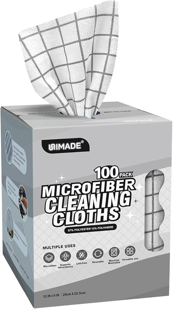 Microfiber Cleaning Cloths, 100 Sheets Reusable Kitchen Towels & Dish Cloths, Lint-Free Absorbent Cleaning Rags, Bulk Kitchen Cleaning Cloths for Household & Restaurant, 11" x 9", Grid Pattern