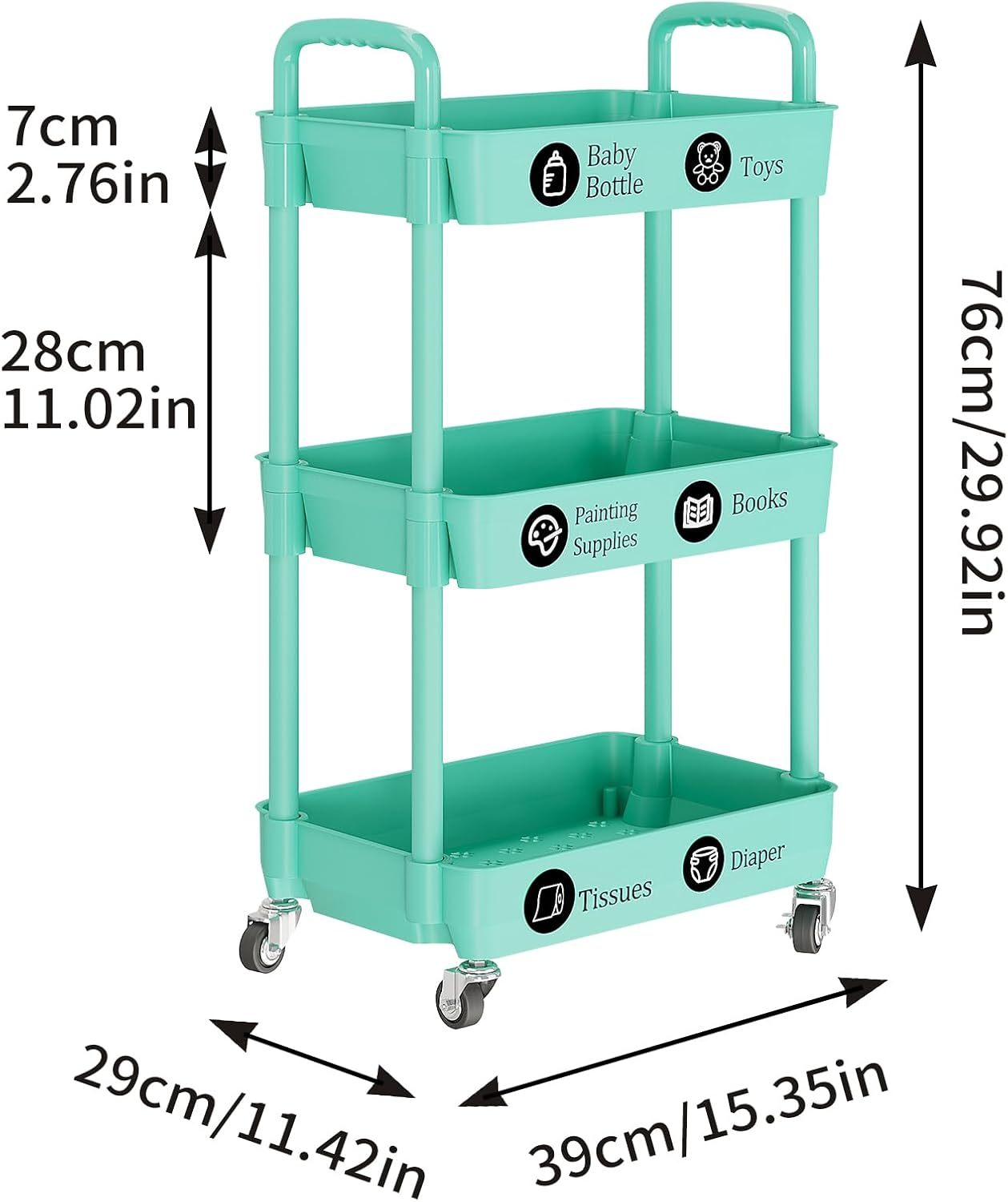 Laiensia 3-Tier Rolling Cart with Wheels,Multifunction Utility Storage carts, Kitchen Storage Organizer,Mobile Shelving Unit for Bathroom,Laundry,with Classified Stickers,Green