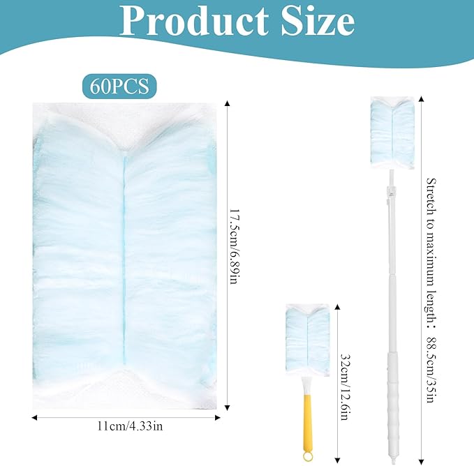 60 Count Electrostatic Duster Refills, 360 Heavy Duty Compatible with Swiffer Dusters Refills with 1 Short Handle and 1 Extenda Handle for Cleaning Home