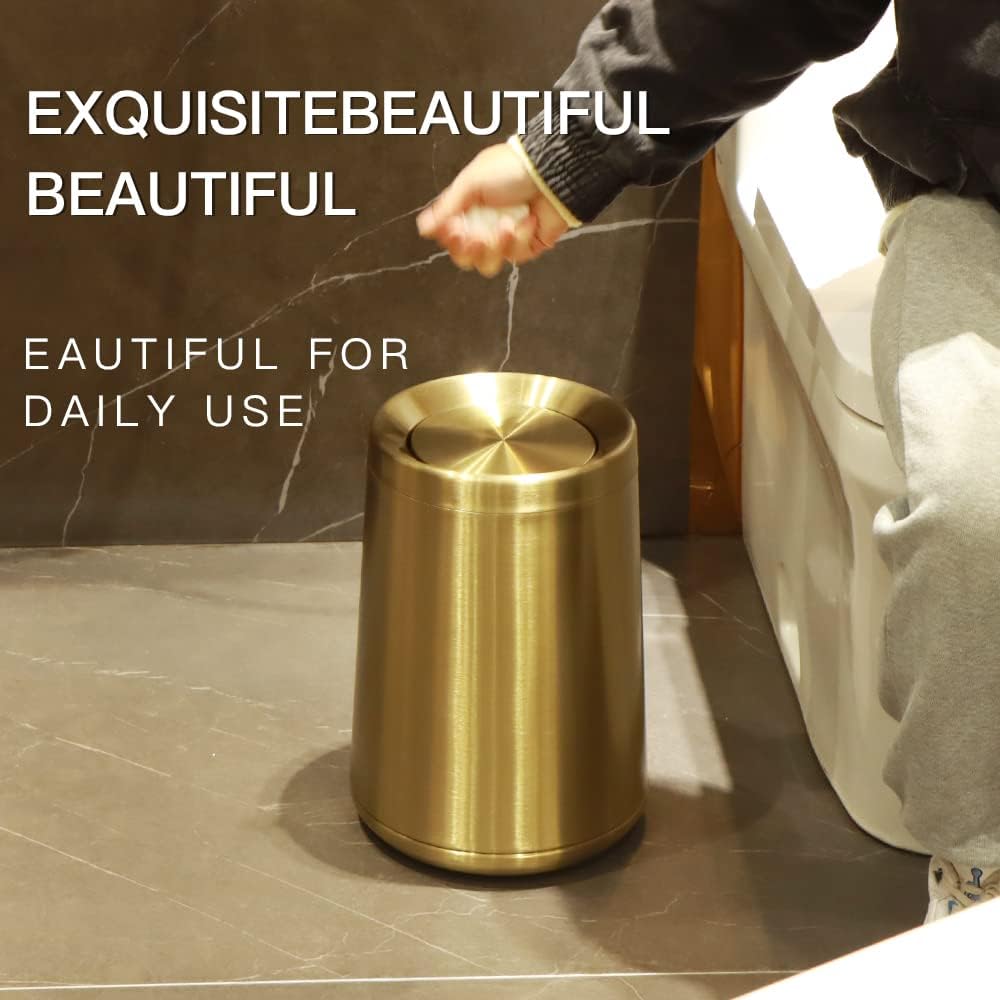 Household Swing Gold Bathroom Trash Can，Brushed Stainless Steel，10 L/3 Gallen，Garbage Can with Flipping Lid， for Indoor or Commercial Use, Kitchen,Modern，Living Room,Bedroom