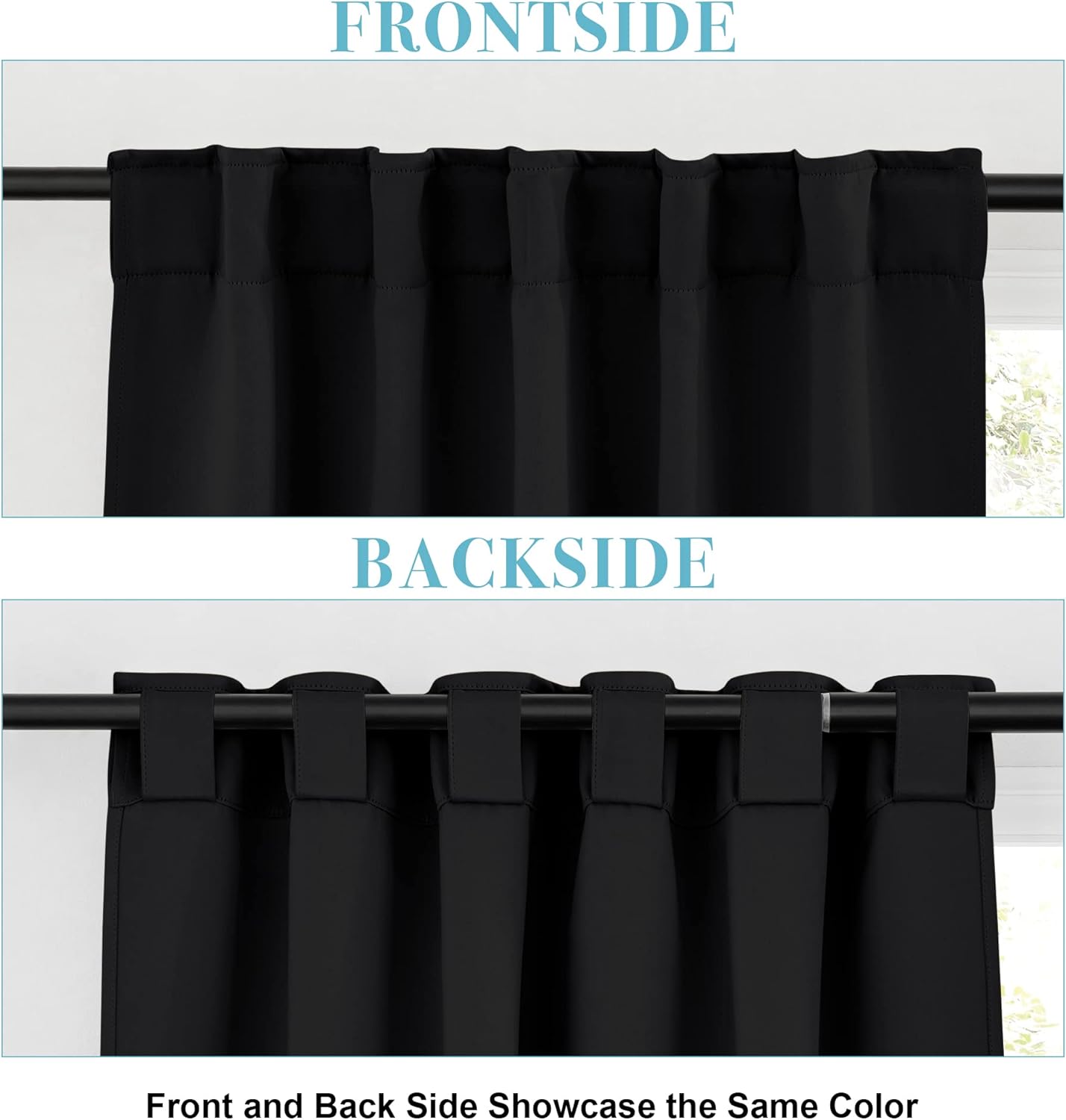 RYB HOME Blackout Curtains for Bedroom, Back Tab Curtain Drapes for Dining Room/Living Room/Garage/Staircase Window, Wide 42 x Long 72 inch, Black, 1 Pair