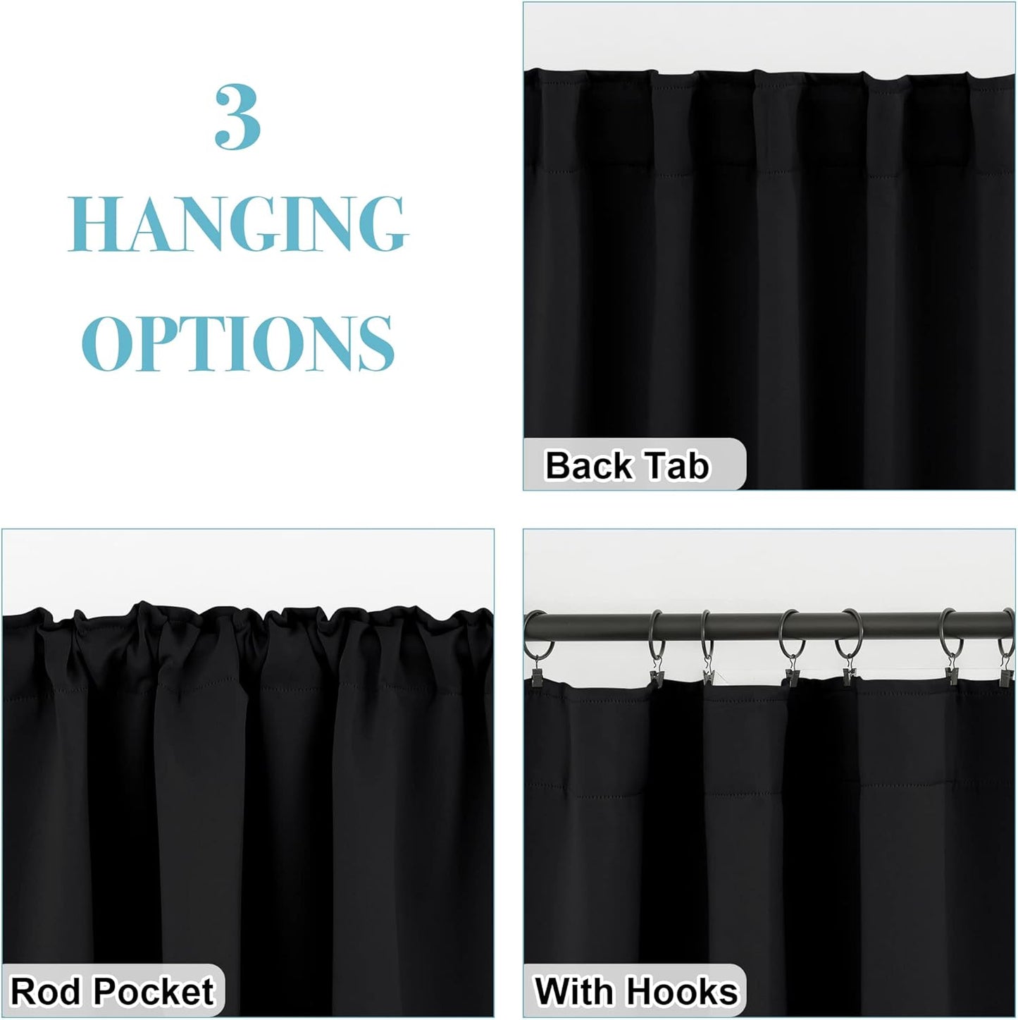 RYB HOME Short Bedroom Blackout Curtains - Small Window Treatment Set Energy Saving Thermal Insulated Drapes for Living Room/Nursery/Kitchen, 42-inch Wide x 45-inch Long, Black, 2 Panels