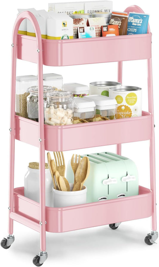 EAGMAK 3 Tier Utility Rolling Cart, Metal Storage Cart with Handle and Lockable Wheels, Multifunctional Storage Organizer Trolley with Mesh Baskets for Kitchen, Living Room, Office, Garage (Pink)