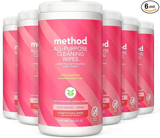 Method All-Purpose Cleaning Wipes, Pink Grapefruit, Multi-Surface, Compostable, 70 Count (Pack of 6)