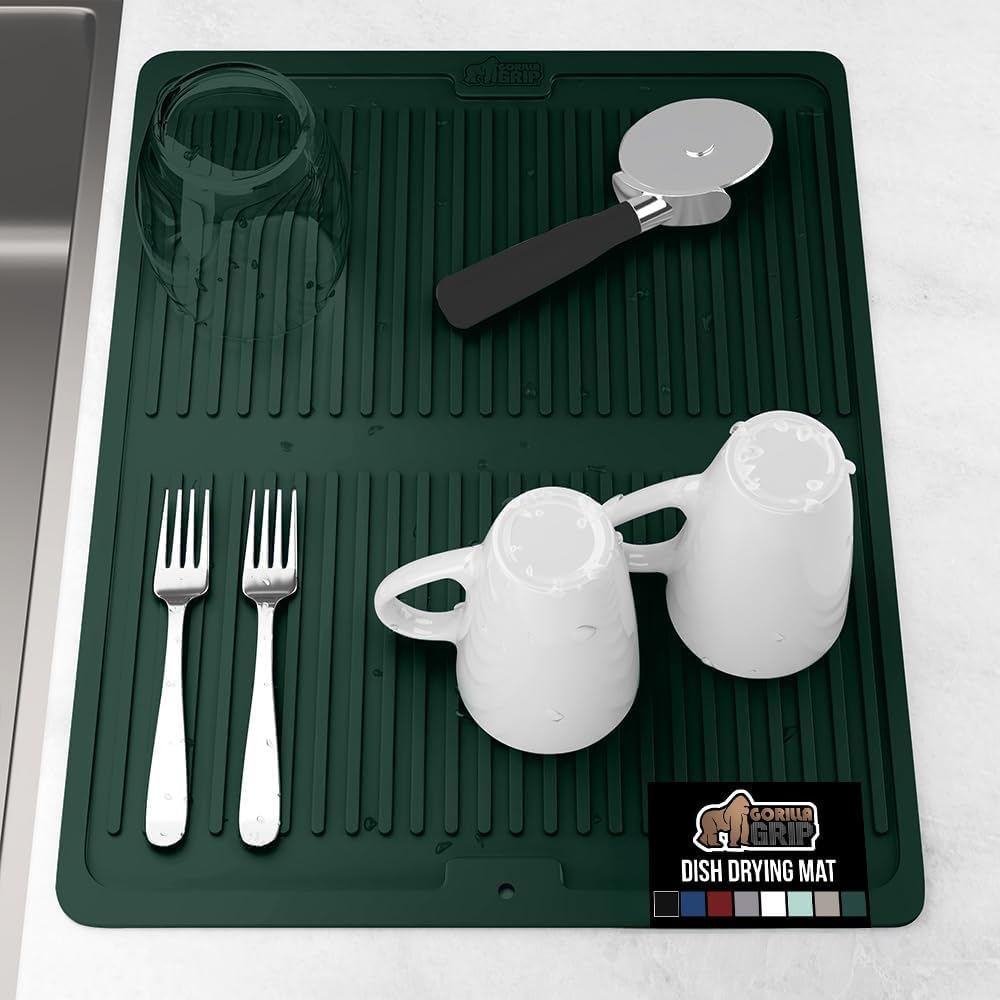 GORILLA GRIP 100% BPA-Free Silicone Dish Drying Mat for Kitchen Counter, 18x16, Quick Dry, Water Catching Ribbed Design, Easy Clean Waterproof Sink Liner, Heat Resistant, Fits Under Rack, Hunter Green