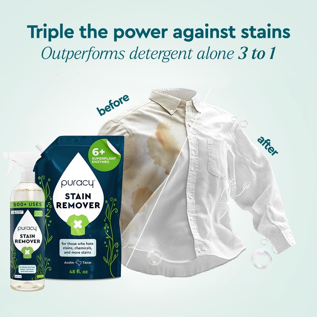Puracy Stain Remover, Natural Based Travel and Laundry Stain Cleaner for Clothes, Baby Essentials, Kids Stains, Oil and Fabric Spot Cleaner, Unscented (Stain Remover Spray and Refill, 64 fl oz)