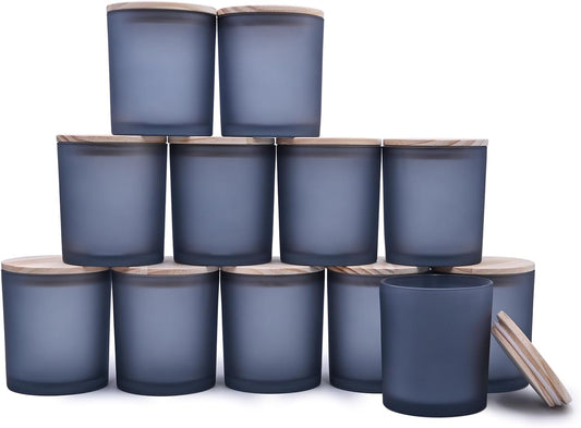 14 OZ Thick Candle Jars for Making Candles 12 Pcs, 3 Wick Empty Jars with Wood Lids for Candle Making, Sample Container, Frosted Grey