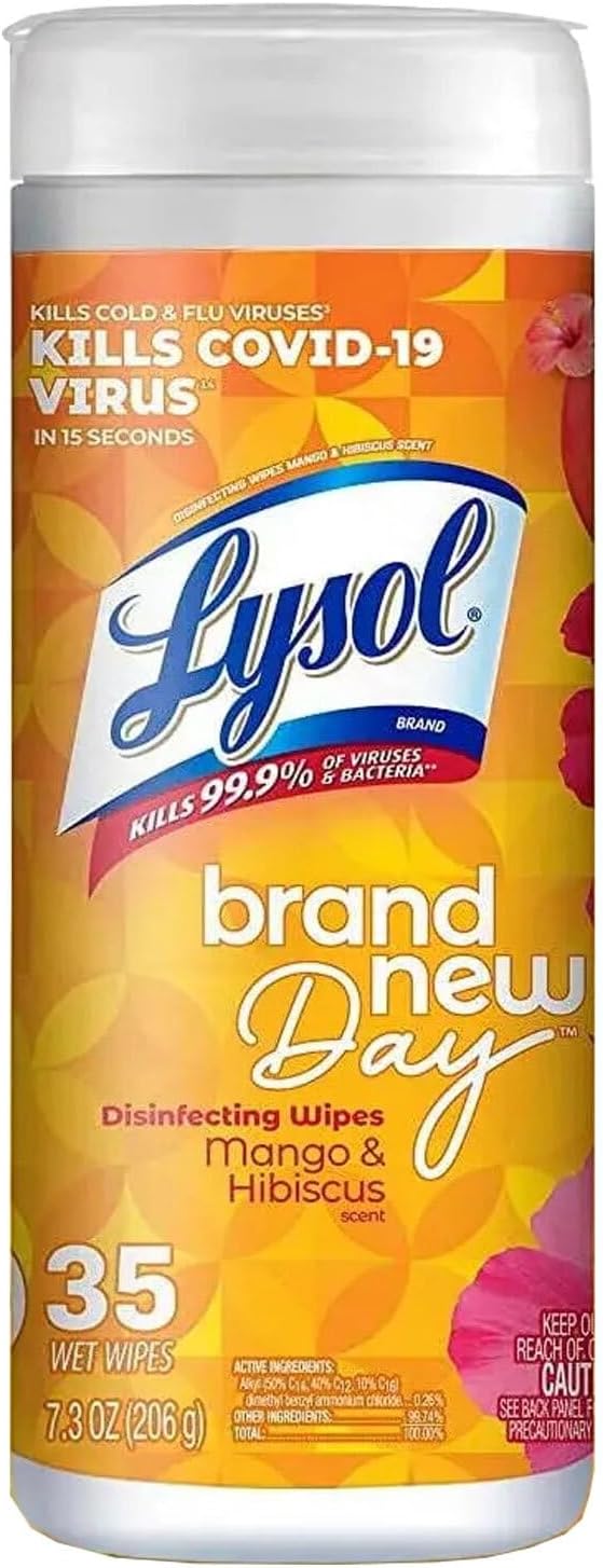 Lysol Disinfectant Wipes, Multi-Surface Antibacterial Cleaning Wipes, Dorm Room Essentials for Disinfecting and Cleaning, Mango and Hibiscus Scent, 35ct (Pack of 1)