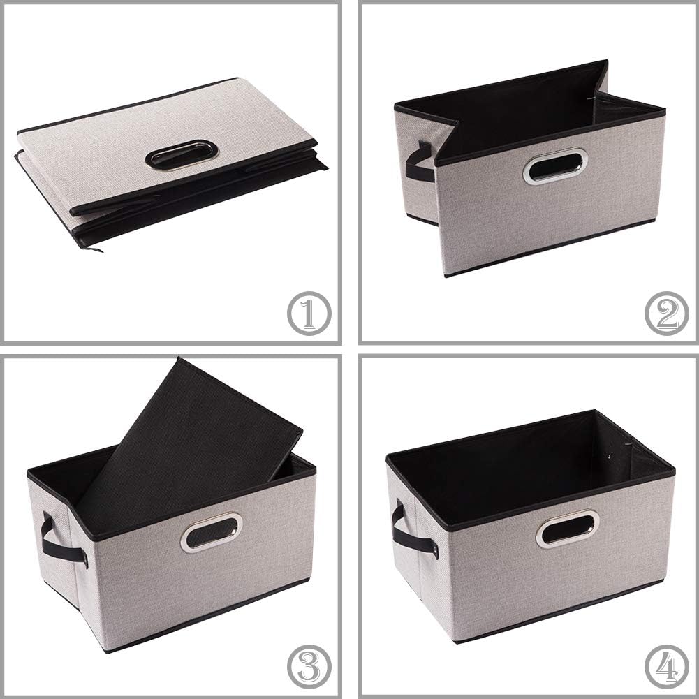PRANDOM Large Fodable Storage Bins for Closet [3-pack] Decorative Linen Fabric Storage Bins Cubes with Leather/Metal Handles for Shelves Bedroom Living Room Light Grey (14.9x9.8x8.3 Inch)
